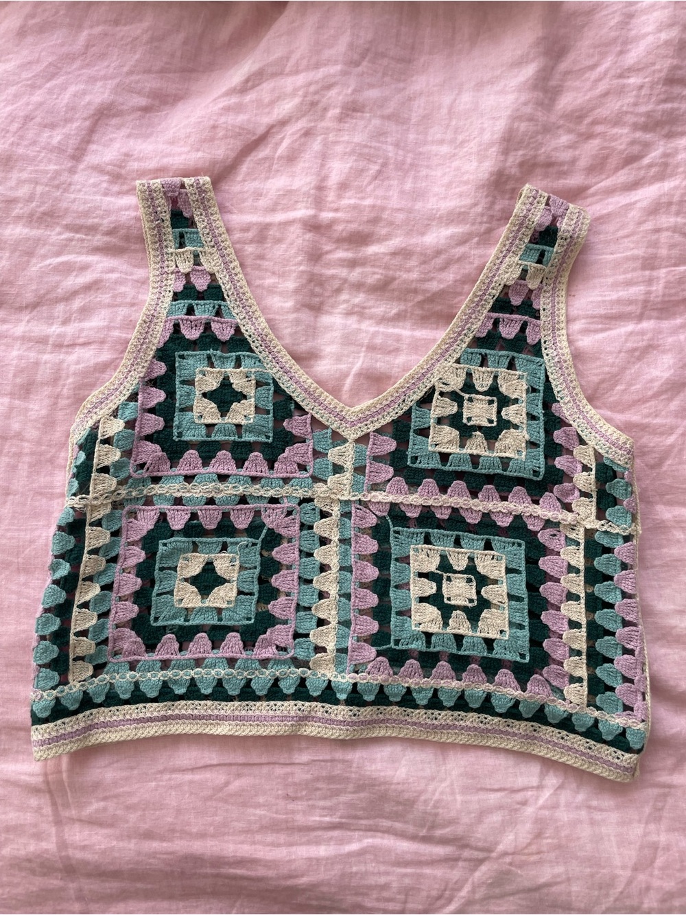 Crochet Square-Panel V-Neck Crop Top in Teal, Lilac & Cream